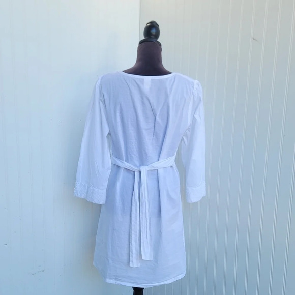 SWIM SYSTEMS 3/4 Sleeve Cover Up DRESS V-Neck Tie White Cotton Beaded Size L - Picture 10 of 13
